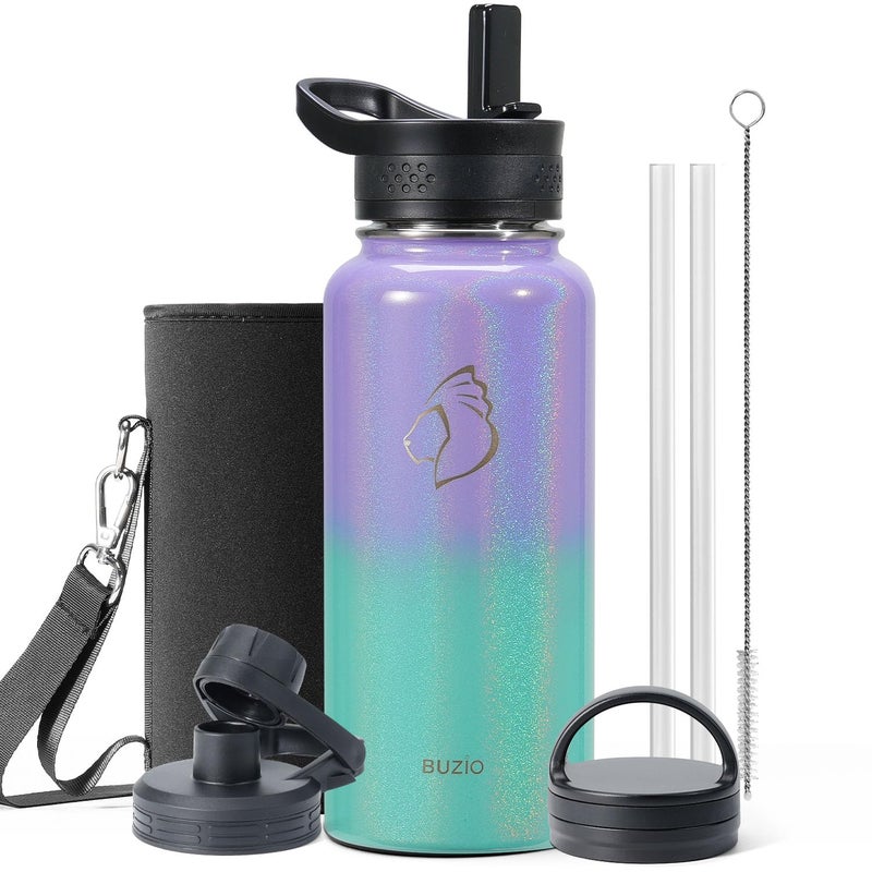 BUZIO 32 oz Water Bottle Insulated with Straw & 3 lid and Carrying Pouch  Leak Proof Anti-Slip Stainless Steel Water Flask Jug  Cold for 48 Hrs Double Vacuum Thermo Canteen  BPA-Free  Caribbean Blue - Image 1